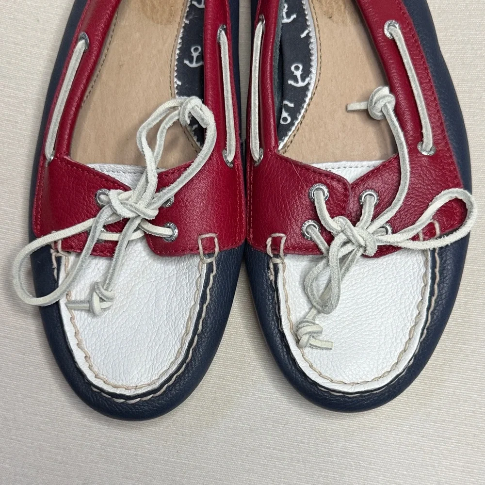 Sperry Nautical Red, White, and Navy Boat Shoes Leather Nautical sz8.5 - Picture 6 of 10